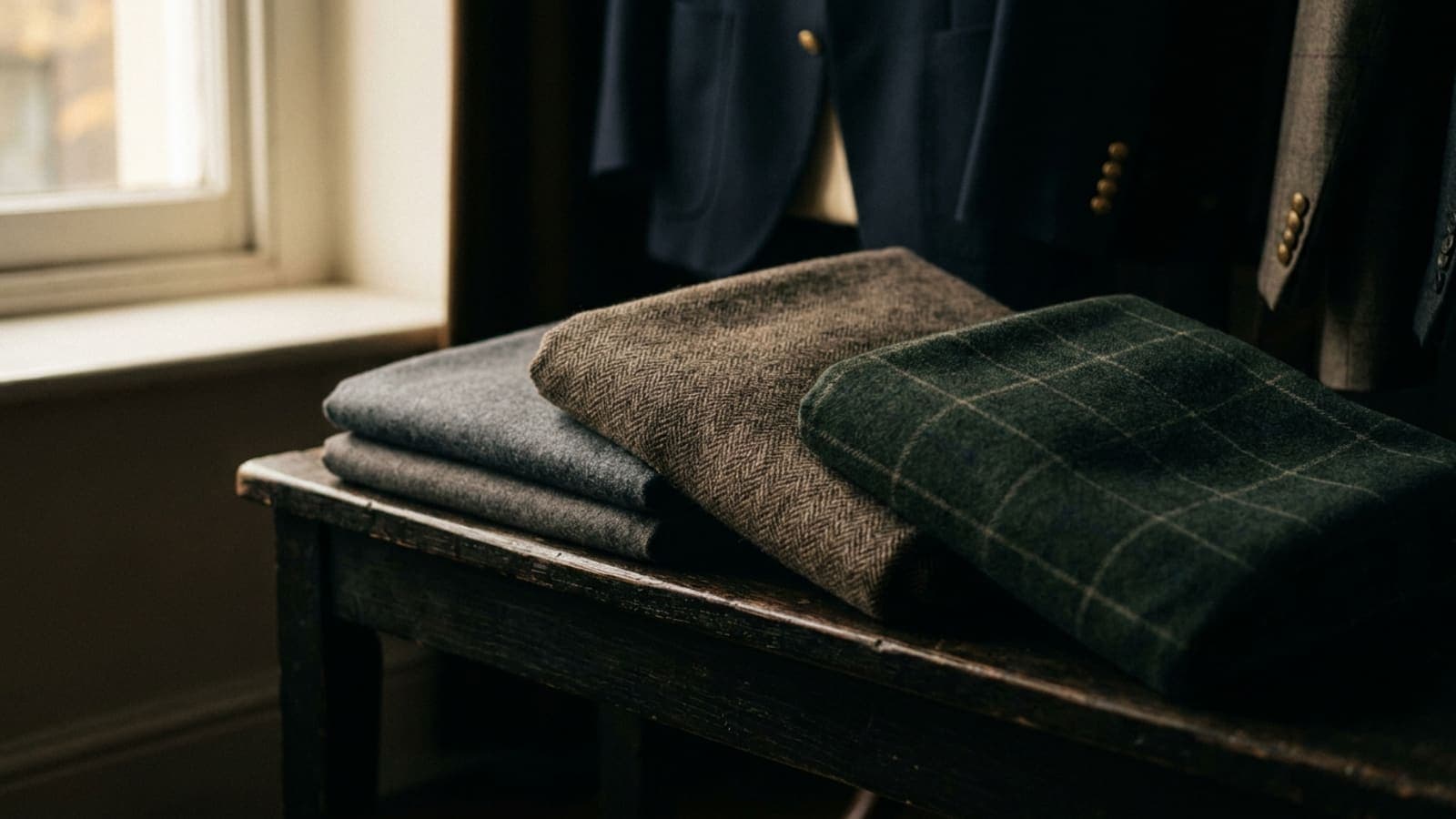 Three folded lengths of cloth on a bench: grey flannel, brown herringbone tweed and a green check