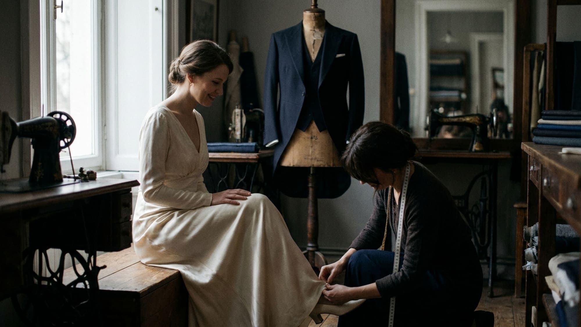A bride in an ivory silk gown on a fitting platform while a seamstress adjusts the hem
