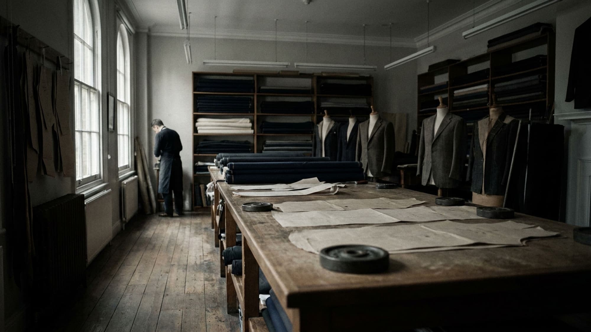 The workroom: a long cutting table, paper patterns and bolts of cloth