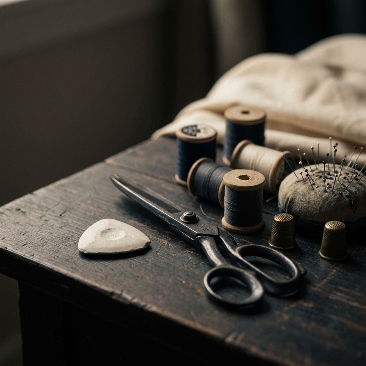 A tailor's bench with forged shears, tailor's chalk, thread spools and a thimble